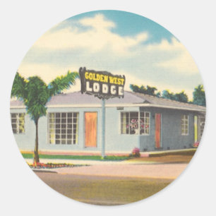 Sticker Rond Motel Vintage, hôtel Golden West Lodge avec palmie