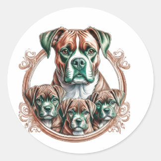 Sticker Rond Mother Boxer And Her 3 Pups