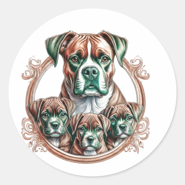 Sticker Rond Mother Boxer And Her 3 Pups (Devant)
