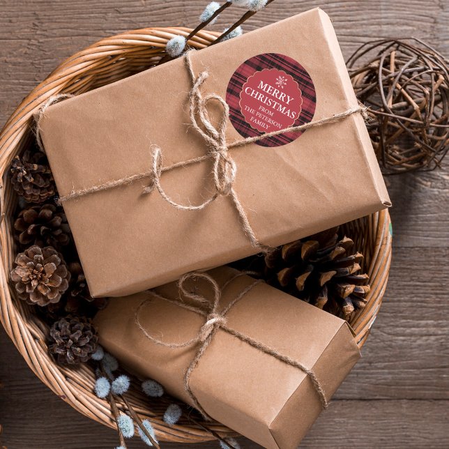 Sticker Rond Motif à flanelle modifiable or rouge Noël (Créateur téléchargé)