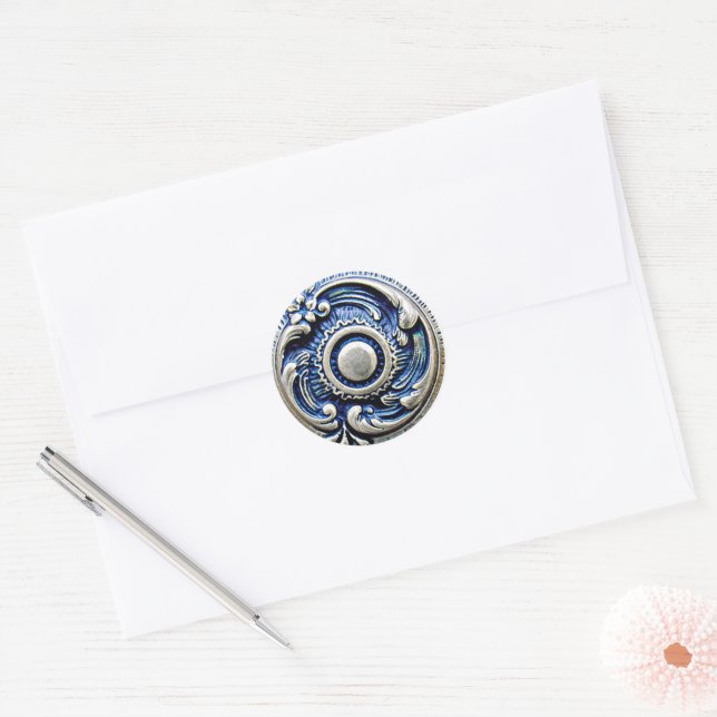 Sticker Rond Motif artistique floral rond en bleu antique faux  (Enveloppe)