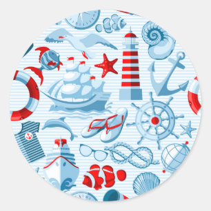 Sticker Rond Motif blanc et bleu rouge nautique
