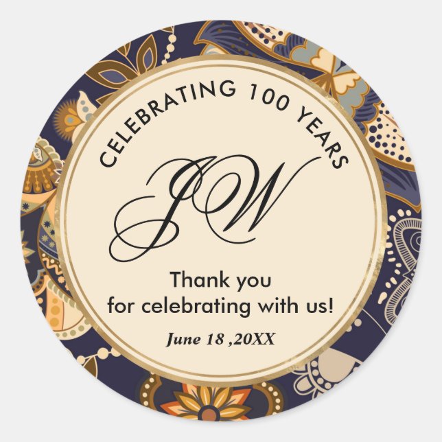 Sticker Rond Motif bleu et or 100e anniversaire Merci (Devant)