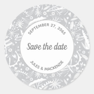 Sticker Rond Motif Botanique Silver Grey Enregistrer la date