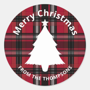 Sticker Rond Motif carreau tartan rouge et noir avec texte