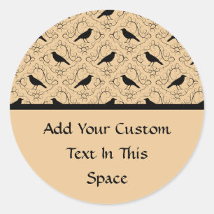 Sticker Rond Motif chic avec corbeaux. Noir et beige.