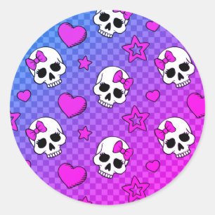 Sticker Rond Motif crâne et coeurs blancs et roses