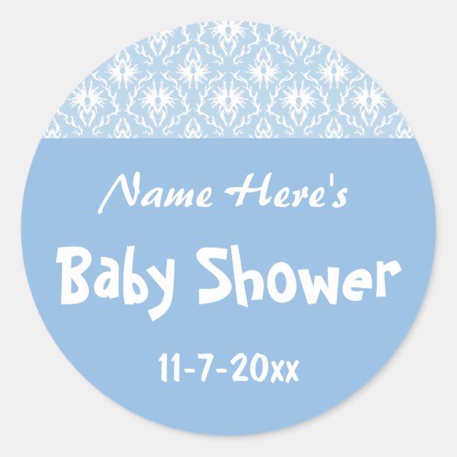 Sticker Rond Motif Damas bleu et blanc, Baby shower personnalis (Devant)