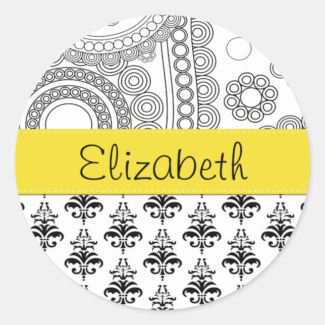 Sticker Rond Motif Damas, Damas noir et blanc, Votre nom (Devant)