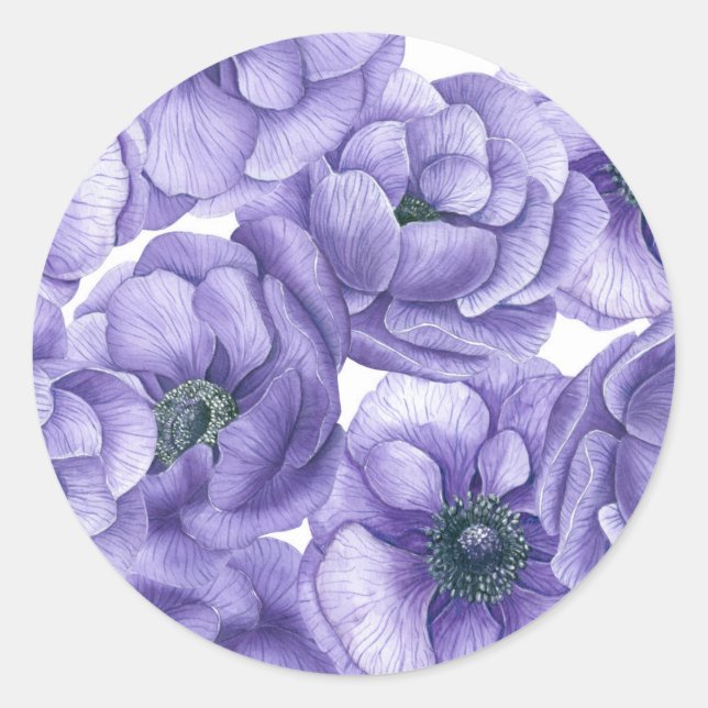 Sticker Rond Motif d'aquarelle de fleurs d'anémone violet (Devant)