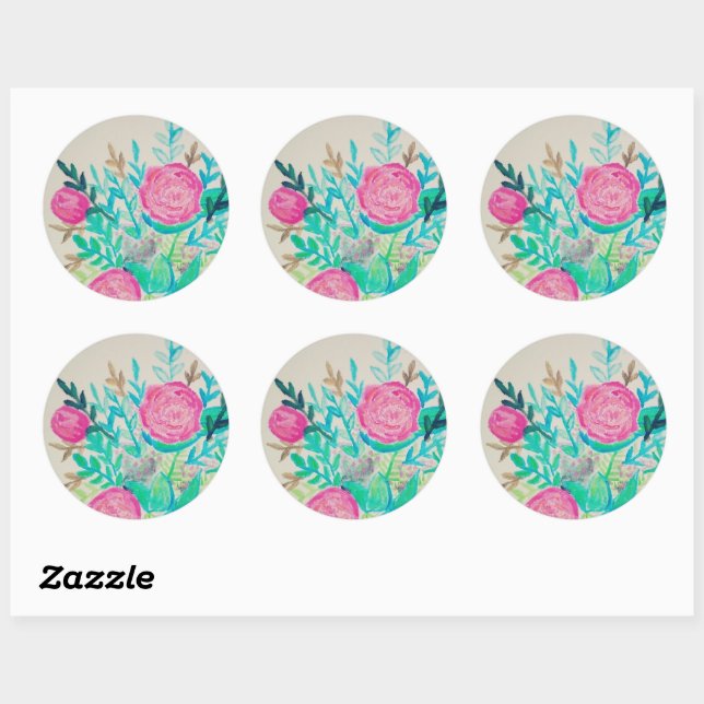 Sticker Rond Motif d'aquarelle rose Roses Floral (Feuille)