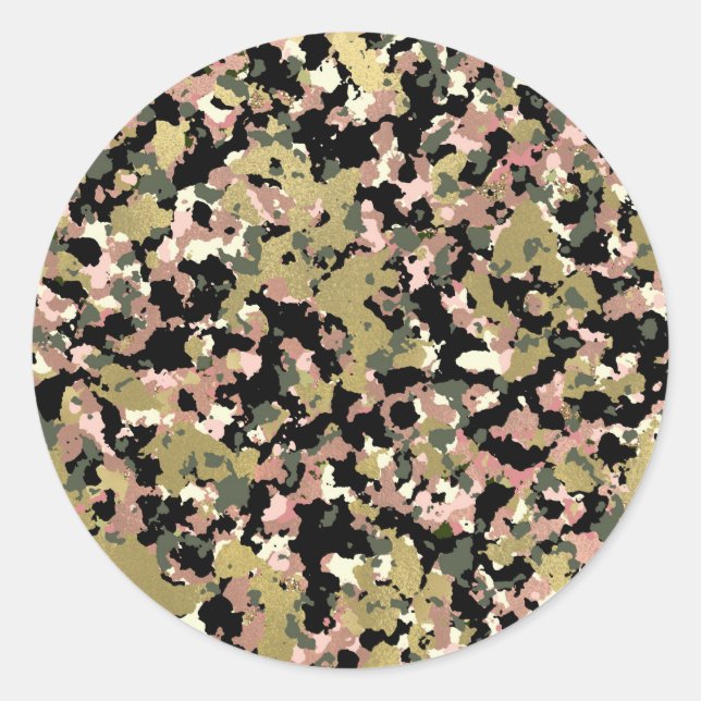 Sticker Rond Motif de camouflage noir rose or (Devant)