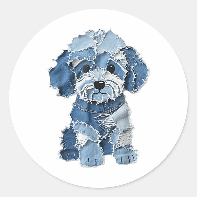 Sticker Rond Motif de chien Denim Patchwork Art (Devant)