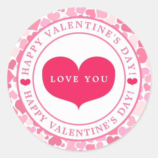 Sticker Rond Motif de Coeurs roses - Heureuse Sainte-Valentin (Devant)
