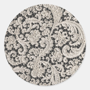 Sticker Rond Motif de dentelle florale noir et blanc orné