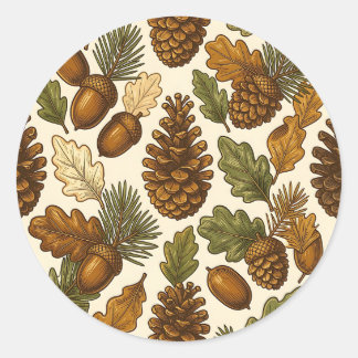 Sticker Rond Motif de feuille de chêne et de pomme de pin gland