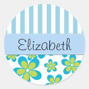 Sticker Rond Motif De Fleurs, Bleues, Votre Nom