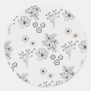 Sticker Rond Motif de fleurs hippie gris noir rétro Y2K