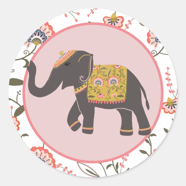 Sticker Rond Motif de fleurs rose jaune de l'éléphant indien (Devant)