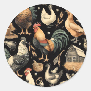 Sticker Rond Motif de la ferme de poulet Retro
