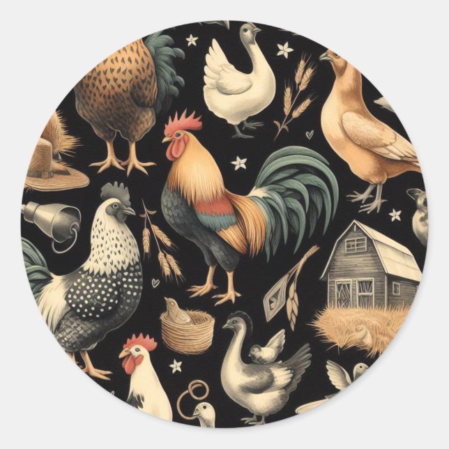 Sticker Rond Motif de la ferme de poulet Retro (Devant)