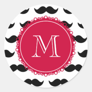 Sticker Rond Motif de moustache noire, Monogramme rouge
