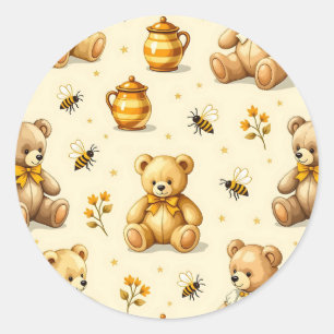 Sticker Rond Motif de Pépinière Ours en Peluche Abeilles à Miel