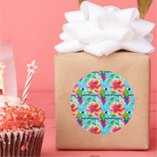 Sticker Rond Motif de perroquet et de fleurs tropicales