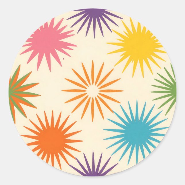 Sticker Rond Motif de rafale étoilée coloré du milieu du siècle (Devant)