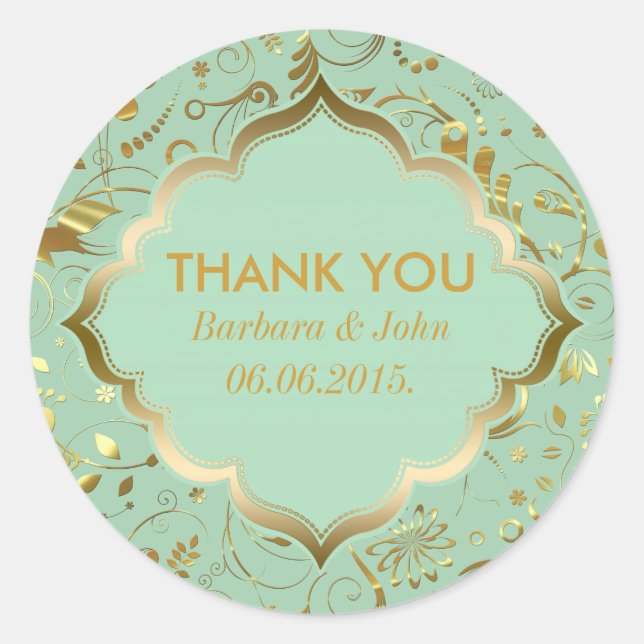 Sticker Rond Motif De Tissu Vert Et Or Floral Mint (Devant)