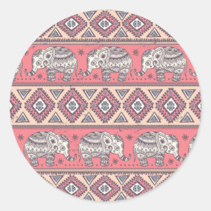 Sticker Rond Motif d'éléphant ethnique rose