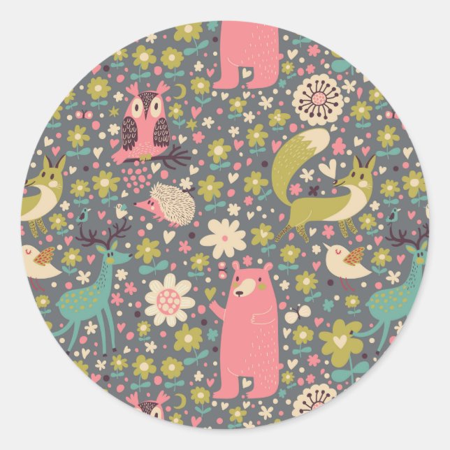 Sticker Rond Motif des animaux de forêt mignons (Devant)