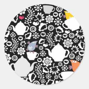 Sticker Rond Motif d'oiseaux et de tasses