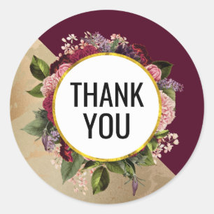 Sticker Rond Motif en marbre d'or et Merci de fleurs de Bourgog