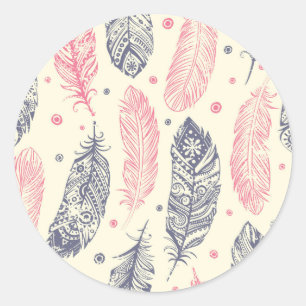 Sticker Rond Motif Ethnique De Plumes Rose Et Violet