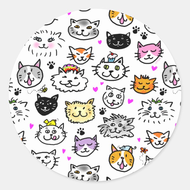 Sticker Rond Motif face chats Whimsical (Devant)