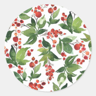 Sticker Rond Motif festif de houx à l'aquarelle Noël