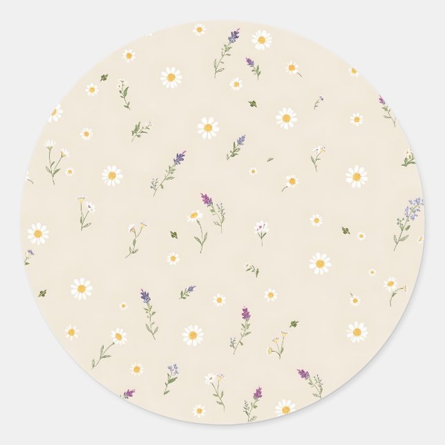 Sticker Rond Motif Fleur sauvage éparpillé avec marguerites (Devant)