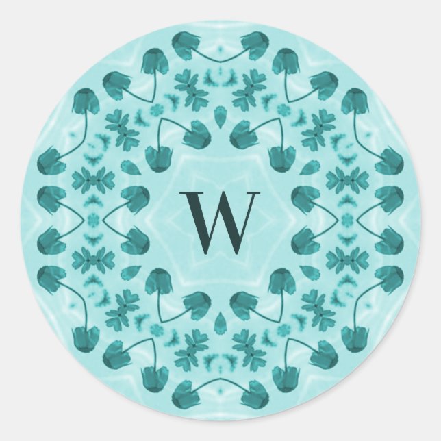 Sticker Rond Motif floral, bleu Turquoise initial (Devant)