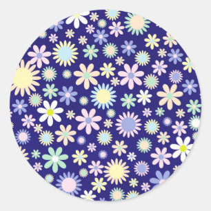 Sticker Rond Motif floral coloré sur fond bleu marine,