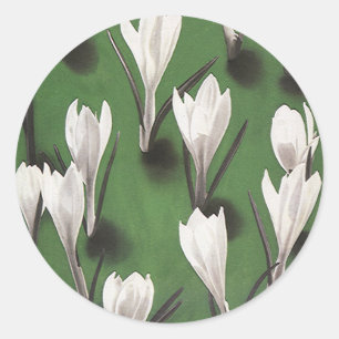 Sticker Rond Motif floral de crocus blanc vintage, fleur de jar