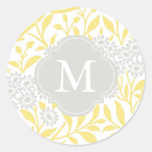 Sticker Rond Motif floral gris jaune décoré d'un monogramme de
