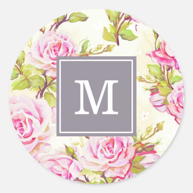 Sticker Rond Motif floral personnalisé Vieux Rose Monogramme R  (Devant)