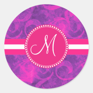 Sticker Rond Motif floral rose violet monogramme