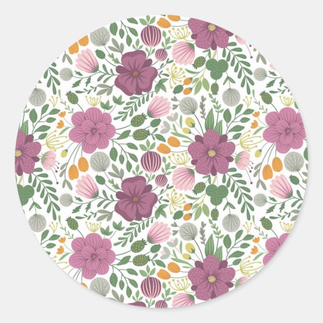 Sticker Rond Motif Floral tendance rose jaune pourpre vert (Devant)