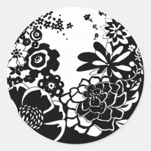 Sticker Rond Motif graphique de jardin floral noir et blanc