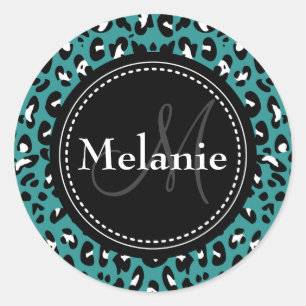 Sticker Rond Motif Léopard noir Turquoise monogramme