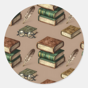 Sticker Rond Motif Livres Anciens Lunettes Plumes