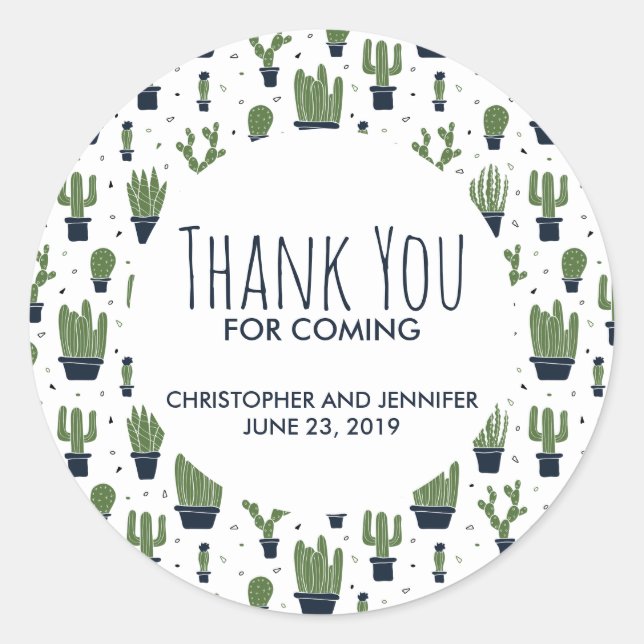 Sticker Rond Motif Mariage de cactus vert foncé Merci (Devant)
