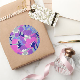 Sticker Rond Motif Rétro Anémone Rose et Violet Gras